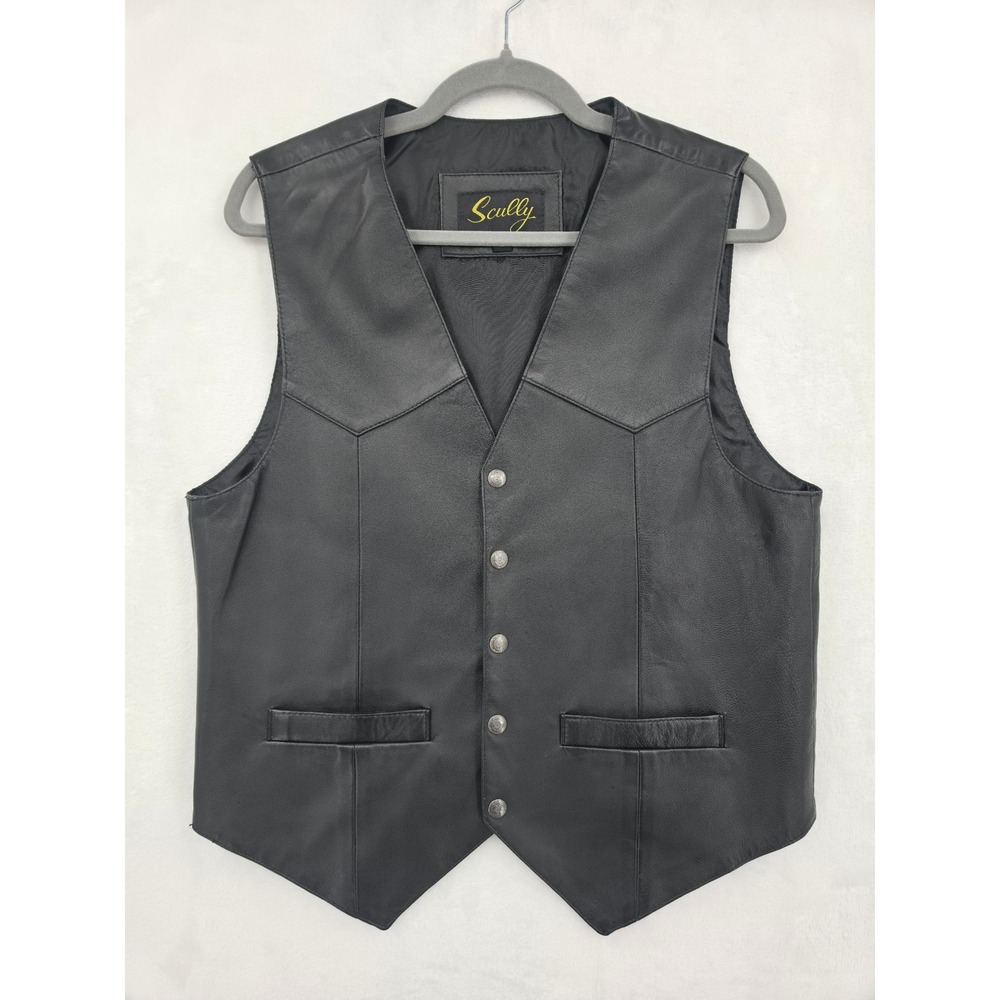 Scully Black Leather Western Vest V-Neck Snap Front Yoke Detail Men Large
